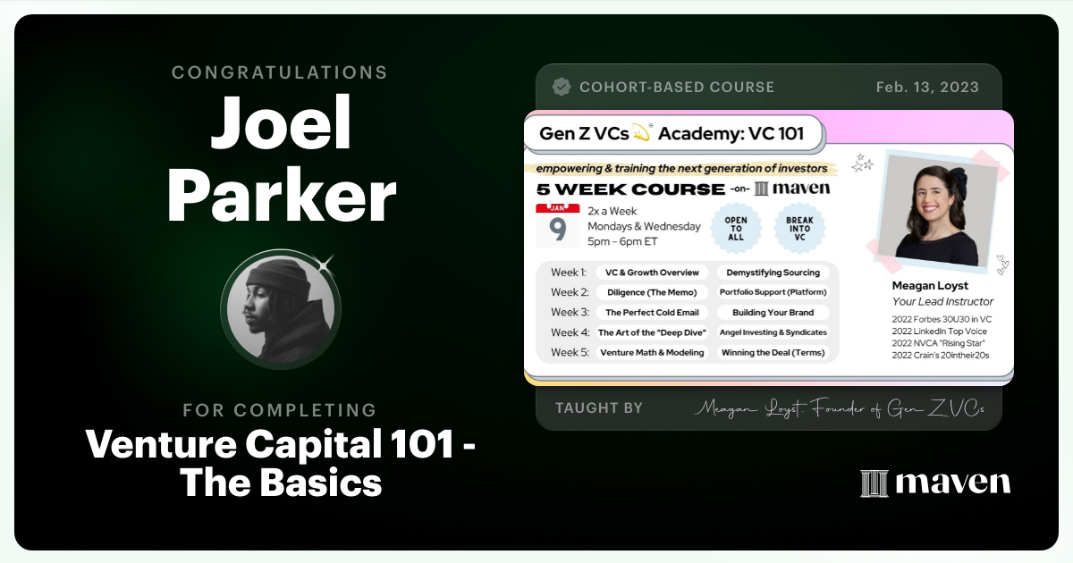 Certificate of Completion for Venture Capital 101 - The Basics