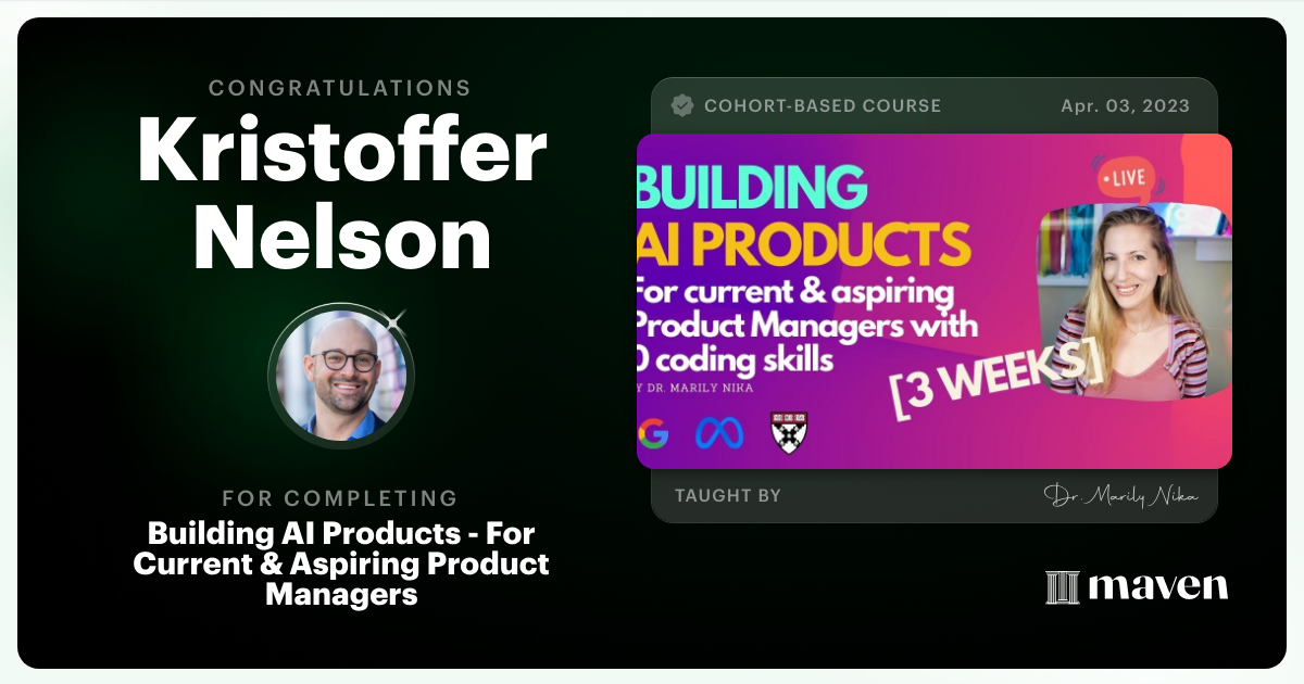 Certificate of Completion for AI Product Management 101 & Certification - Building AI Products end-to-end