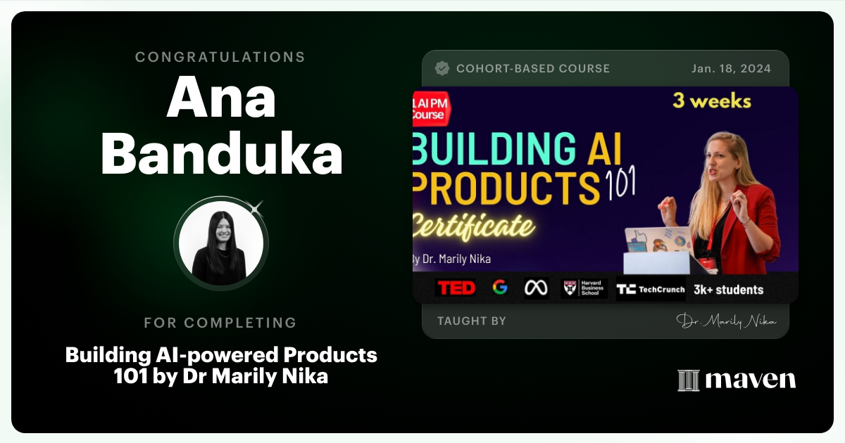Certificate of Completion for AI Product Management 101 & Certification - Building AI Products end-to-end