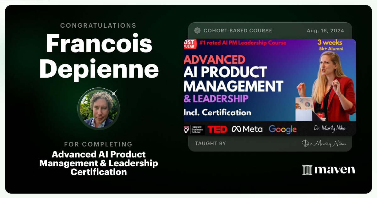 Certificate of Completion for Advanced AI Product Leadership Certification