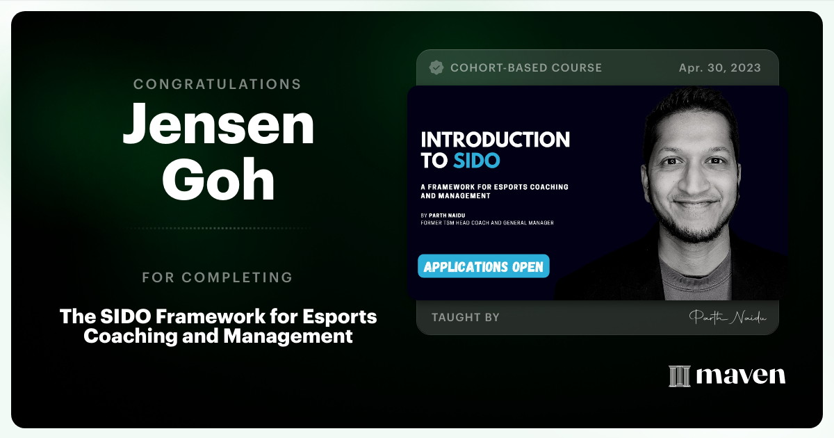 Certificate of Completion for The SIDO Framework for Esports Coaching and Management