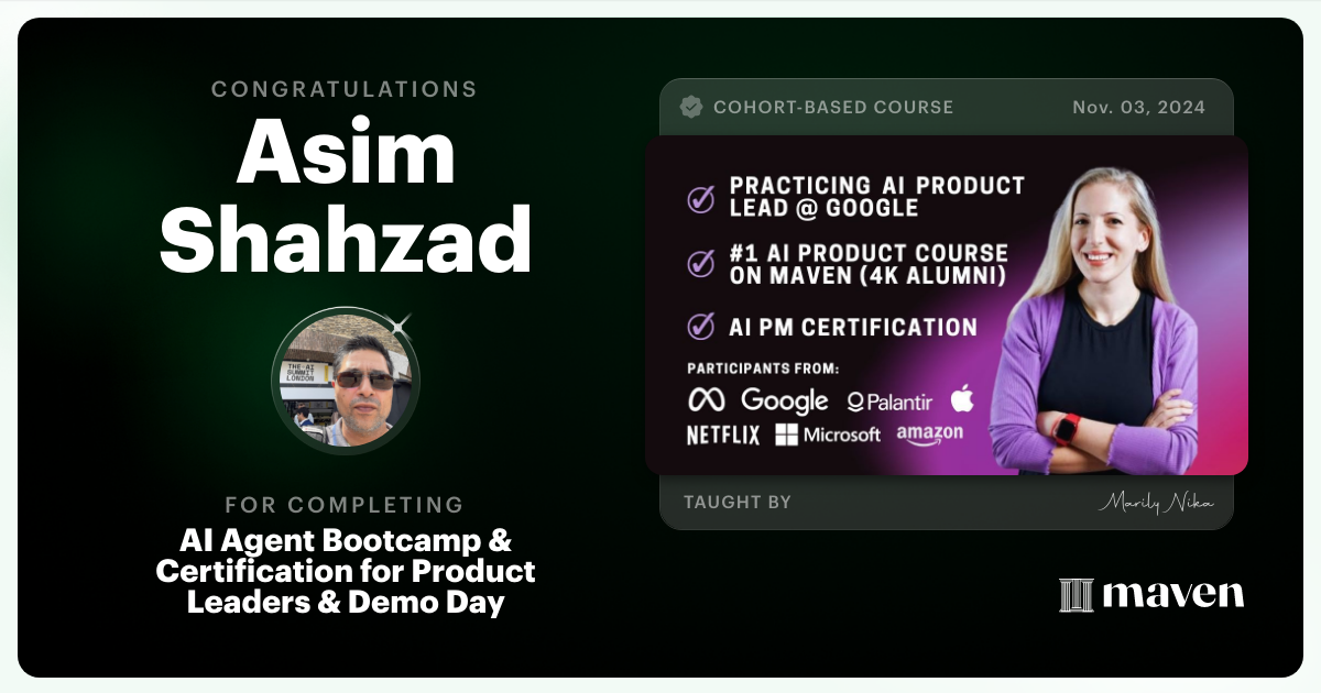 Certificate of Completion for AI Agent Bootcamp 101 for Product Leaders