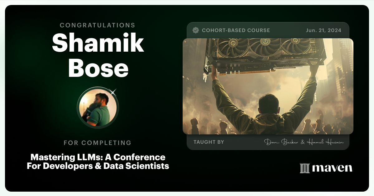 Certificate of Completion for Mastering LLMs For Developers & Data Scientists