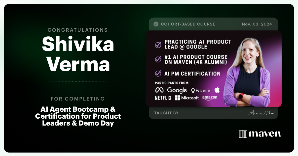 Certificate of Completion for AI Agent Bootcamp 101 for Product Leaders