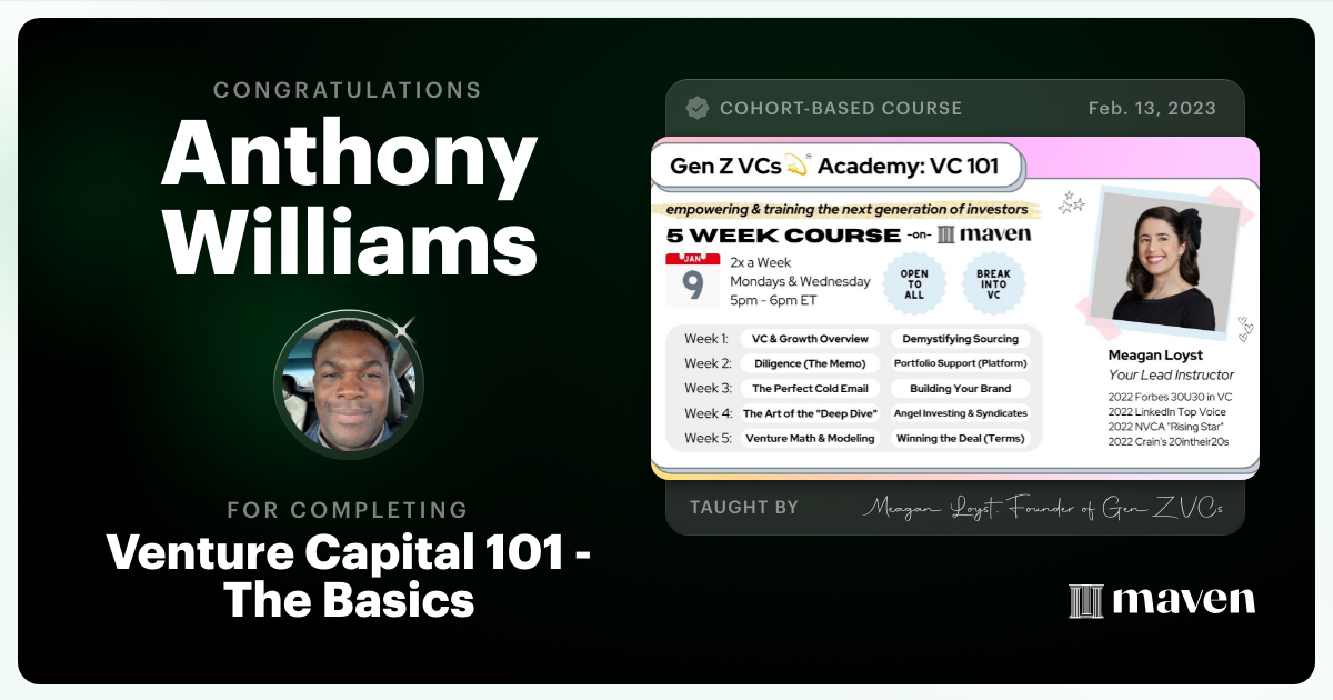 Certificate of Completion for Venture Capital 101 - The Basics