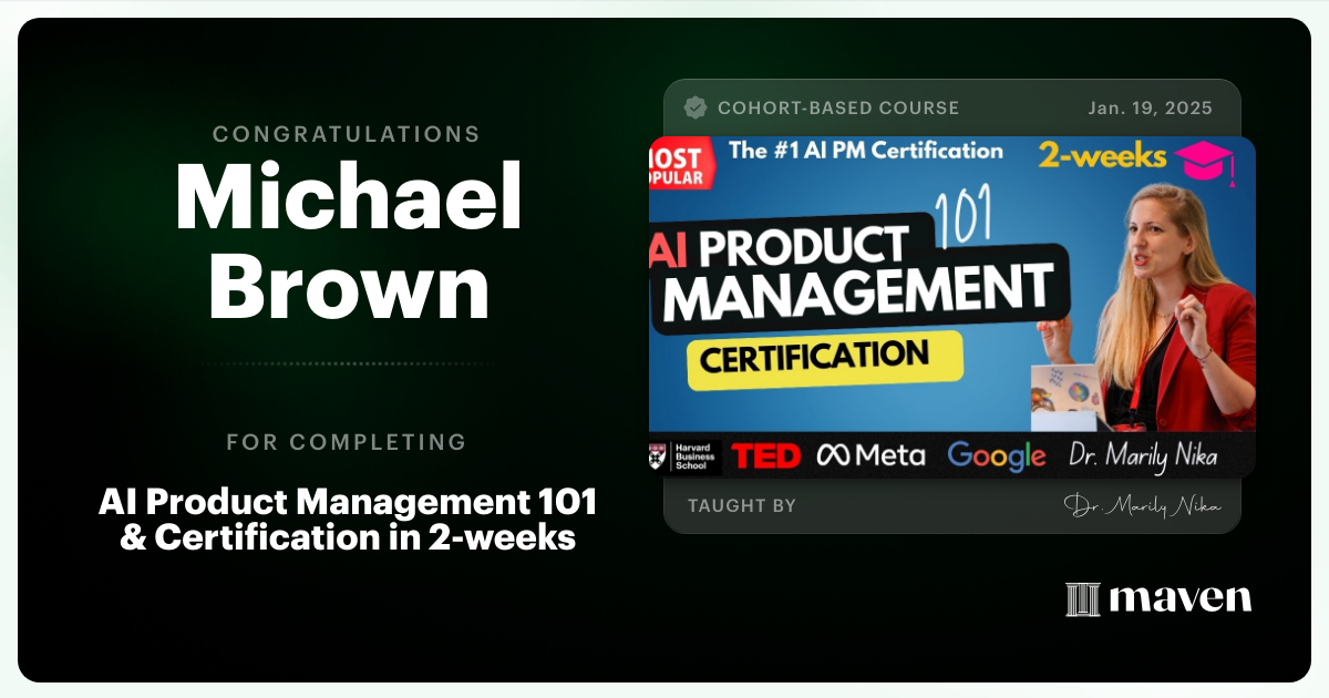 Certificate of Completion for AI Product Management 101 & Certification - Building AI Products end-to-end