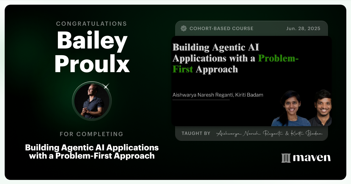 Certificate of Completion for Building Agentic AI Applications with a Problem-First Approach