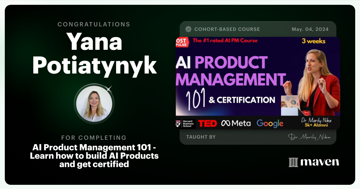 Certificate of Completion for AI Product Management 101 by AI Product Academy