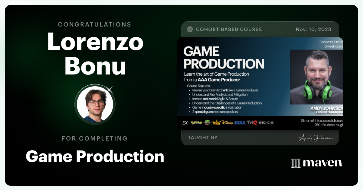 Certificate of Completion for Game Production – Think Like a Game Producer & Ship Games!