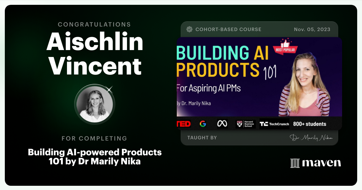 Certificate of Completion for AI Product Management 101 & Certification - Building AI Products end-to-end