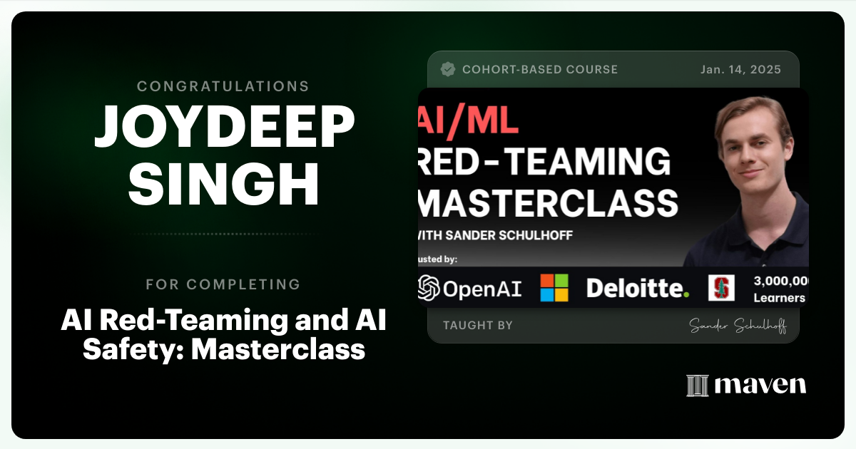 Certificate of Completion for AI Red Teaming & AI Security Masterclass
