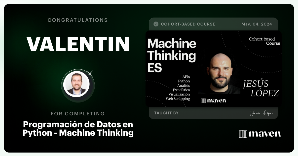 Certificate of Completion for Python Práctico: Manipular y Visualizar Tablas de Datos - REE I90 & Curvas OMIE