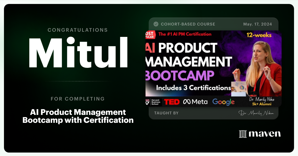 Certificate of Completion for AI Product Management Bootcamp & Certification by AI Product Academy
