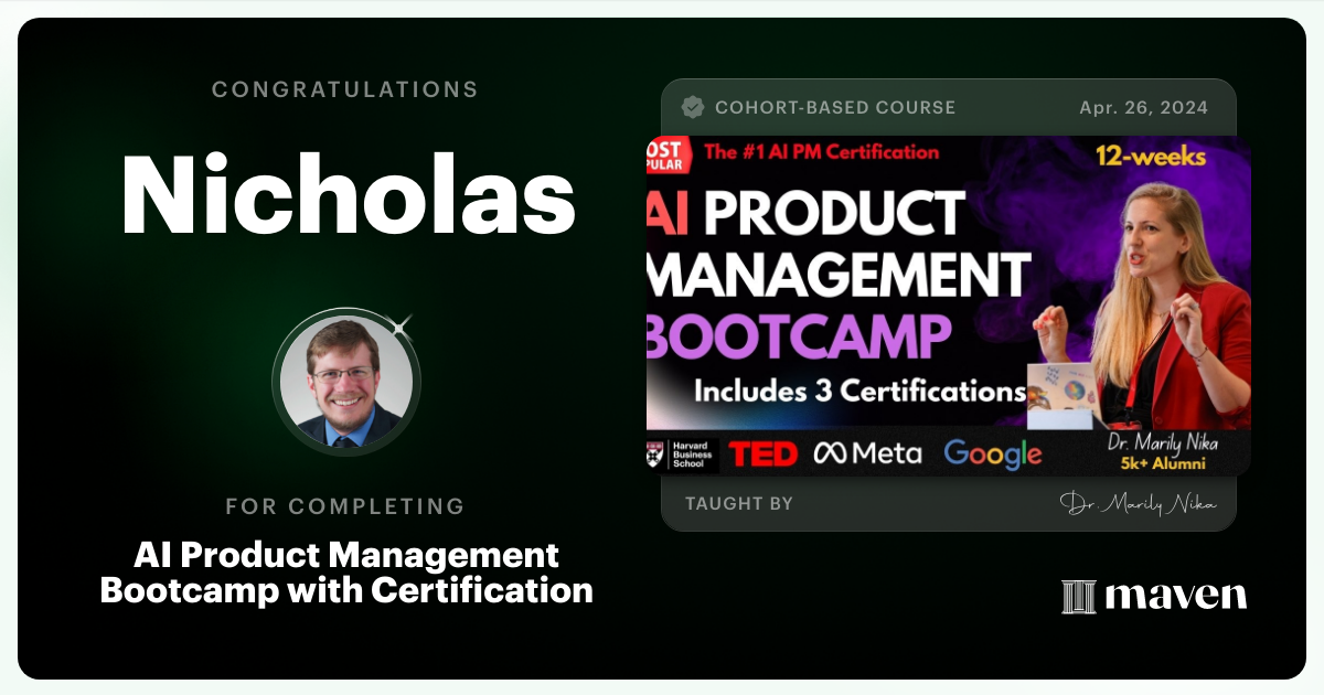 Certificate of Completion for AI Product Management Bootcamp & Certification by AI Product Academy