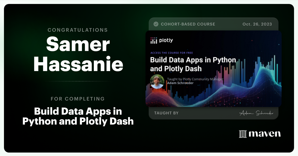 Certificate of Completion for Build Data Apps in Python and Plotly Dash