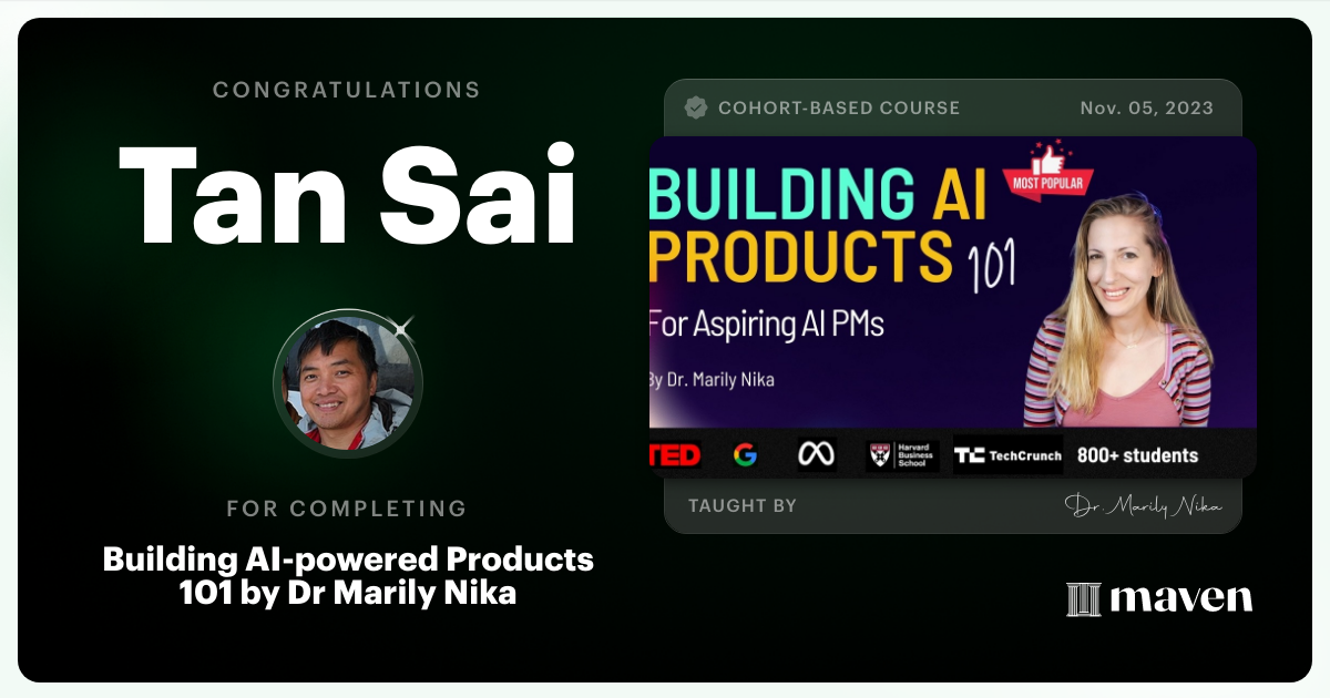Certificate of Completion for AI Product Management 101 & Certification - Building AI Products end-to-end