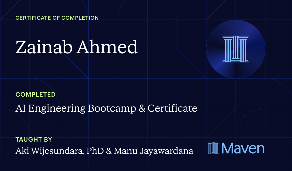 Certificate for AI Engineering Bootcamp: Build AI Agents with Claude Code, RAG and MCP