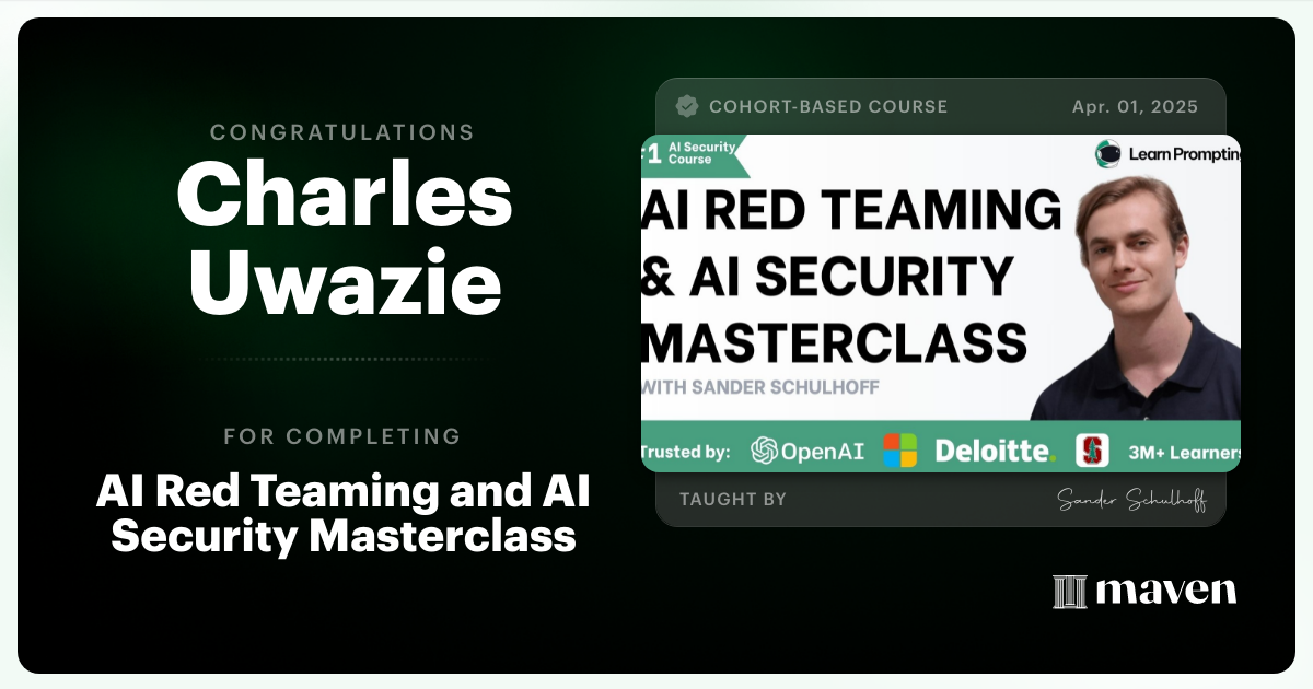 Certificate of Completion for AI Red Teaming & AI Security Masterclass