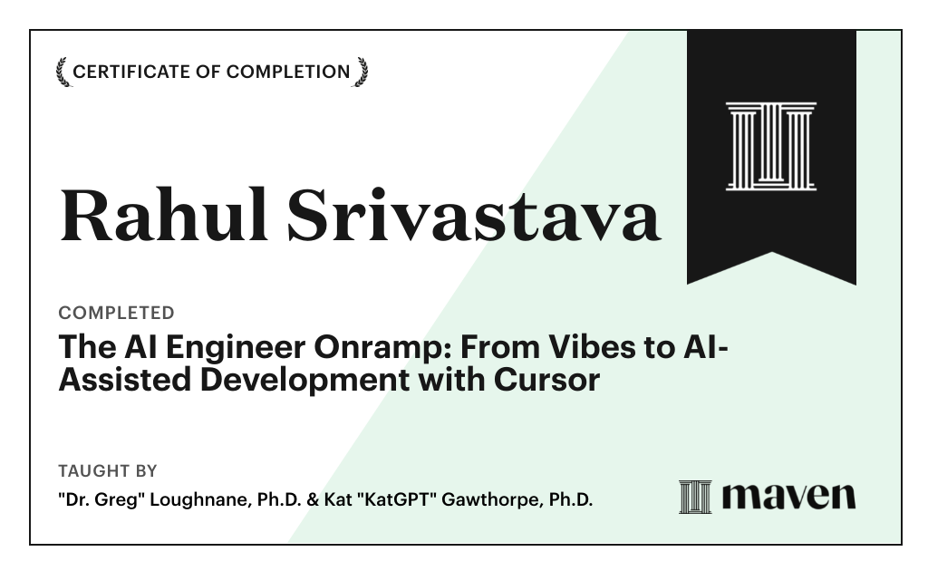 Certificate for The AI Engineer Onramp: From Vibe Coding to AI-Assisted Development