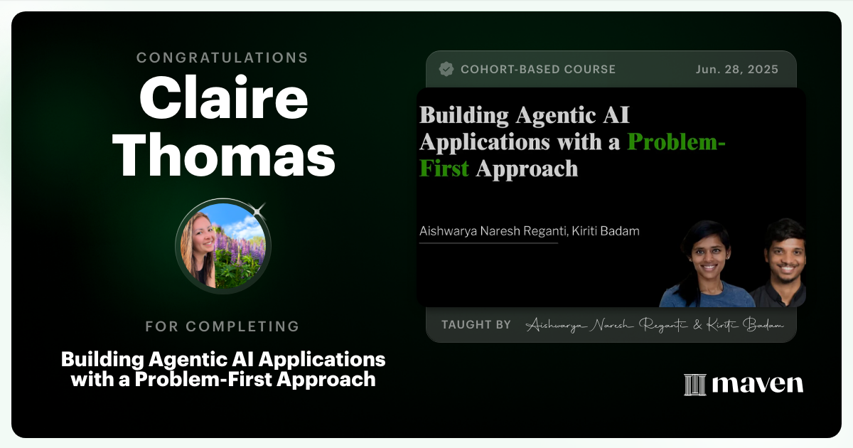 Certificate of Completion for Building Agentic AI Applications with a Problem-First Approach