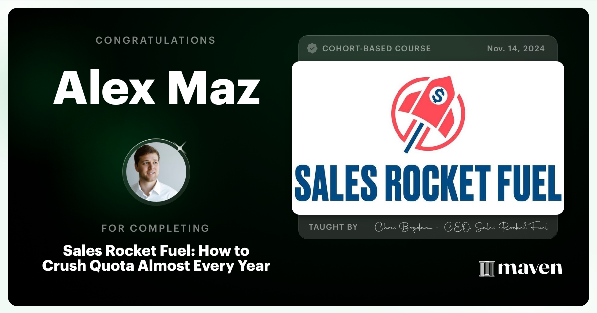 Certificate of Completion for Sales Rocket Fuel: How to Crush Quota Almost Every Year