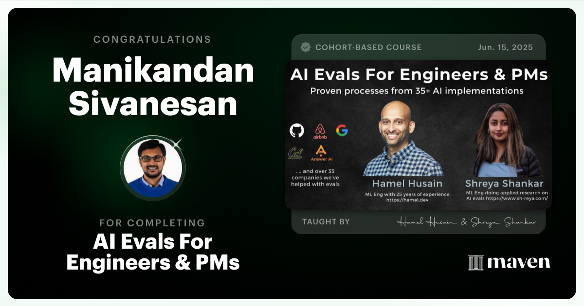 Certificate of Completion for AI Evals For Engineers & PMs