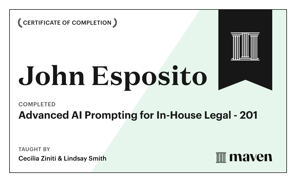Certificate for Advanced AI Prompting for In-House Legal - 201