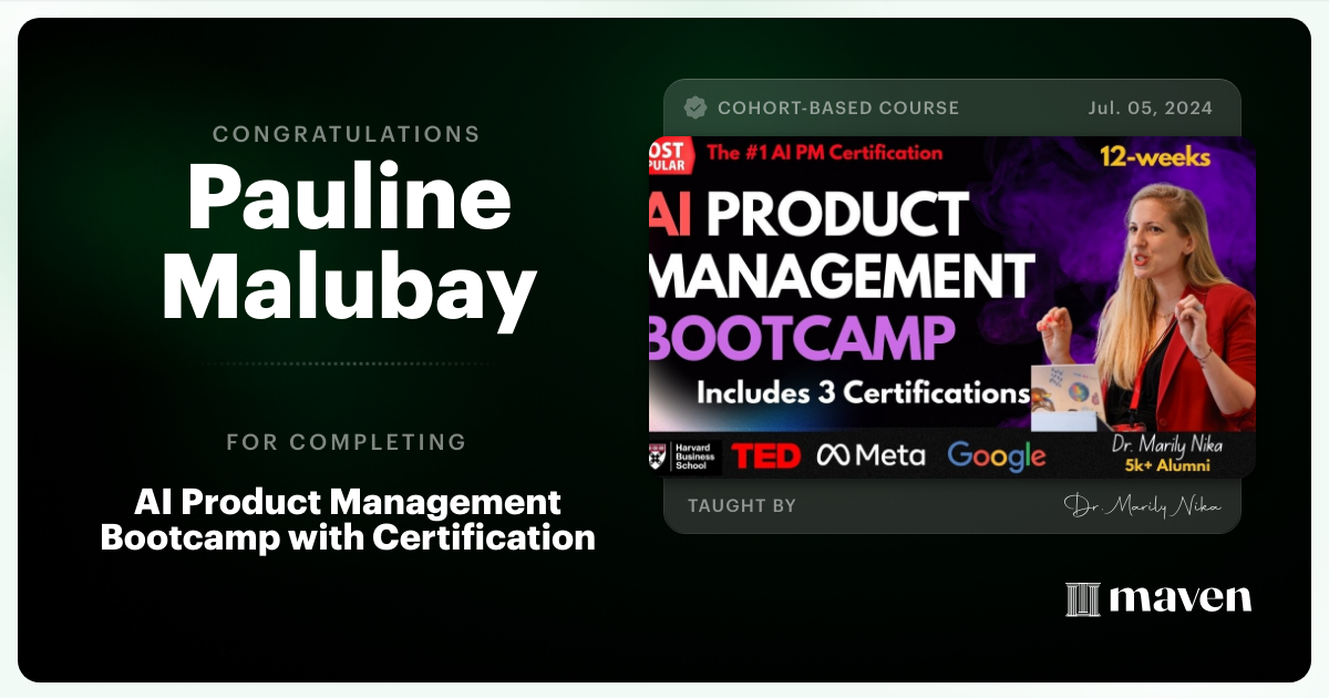 Certificate of Completion for AI Product Management Bootcamp & Certification by AI Product Academy