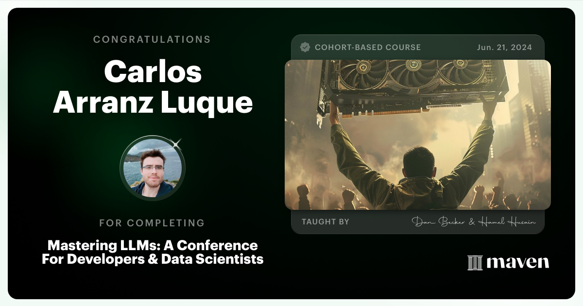 Certificate of Completion for Mastering LLMs For Developers & Data Scientists