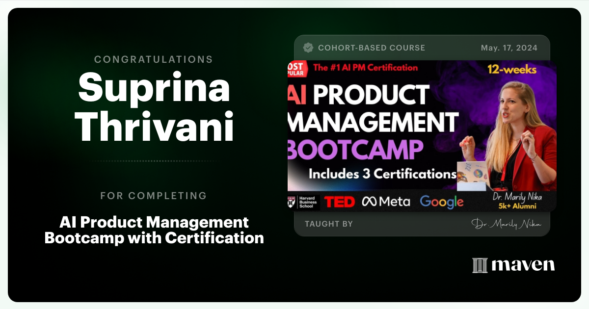 Certificate of Completion for AI Product Management Bootcamp & Certification by AI Product Academy