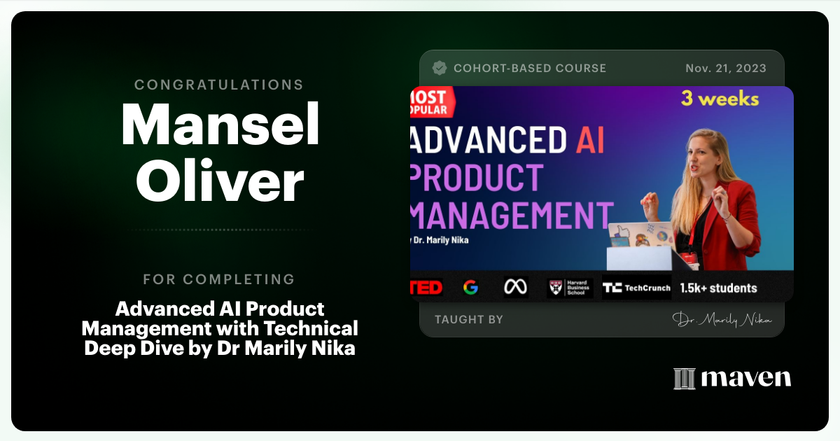 Certificate of Completion for Advanced AI Product Leadership Certification