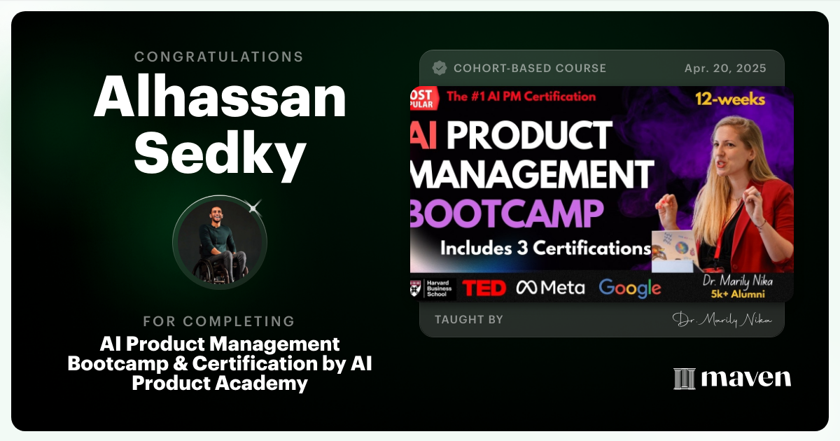 Certificate of Completion for AI Product Management Bootcamp & Certification by AI Product Academy