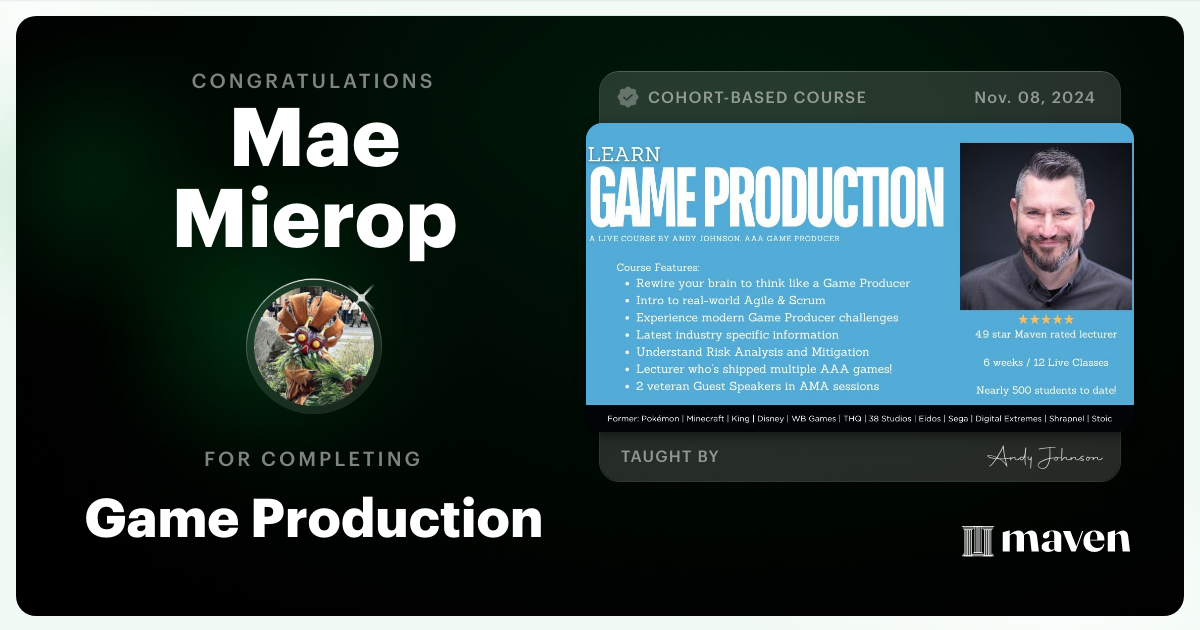 Certificate of Completion for Game Production – Think Like a Game Producer & Ship Games!