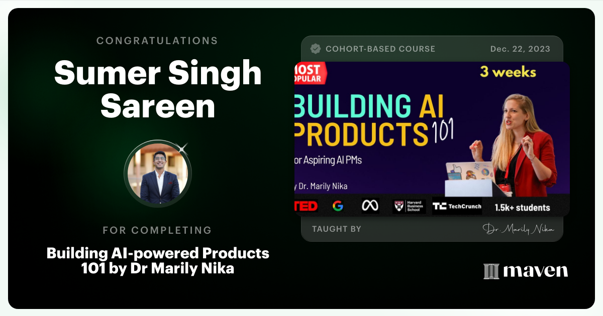 Certificate of Completion for AI Product Management 101 & Certification - Building AI Products end-to-end