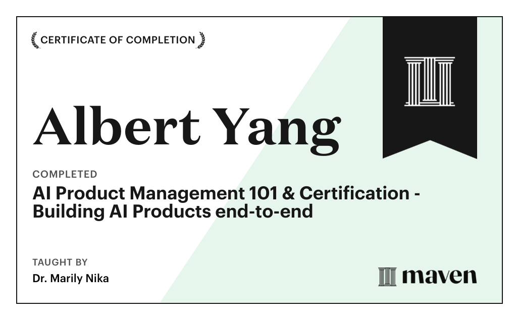 Certificate for AI Product Management 101 & Certification - Building AI Products end-to-end