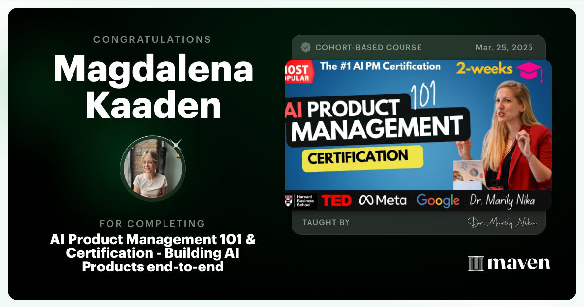 Certificate of Completion for AI Product Management 101 & Certification - Building AI Products end-to-end