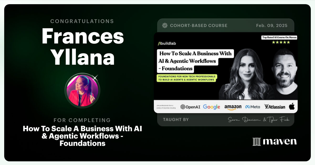 Certificate of Completion for How To Scale A Business With AI & Agentic Workflows - Foundations