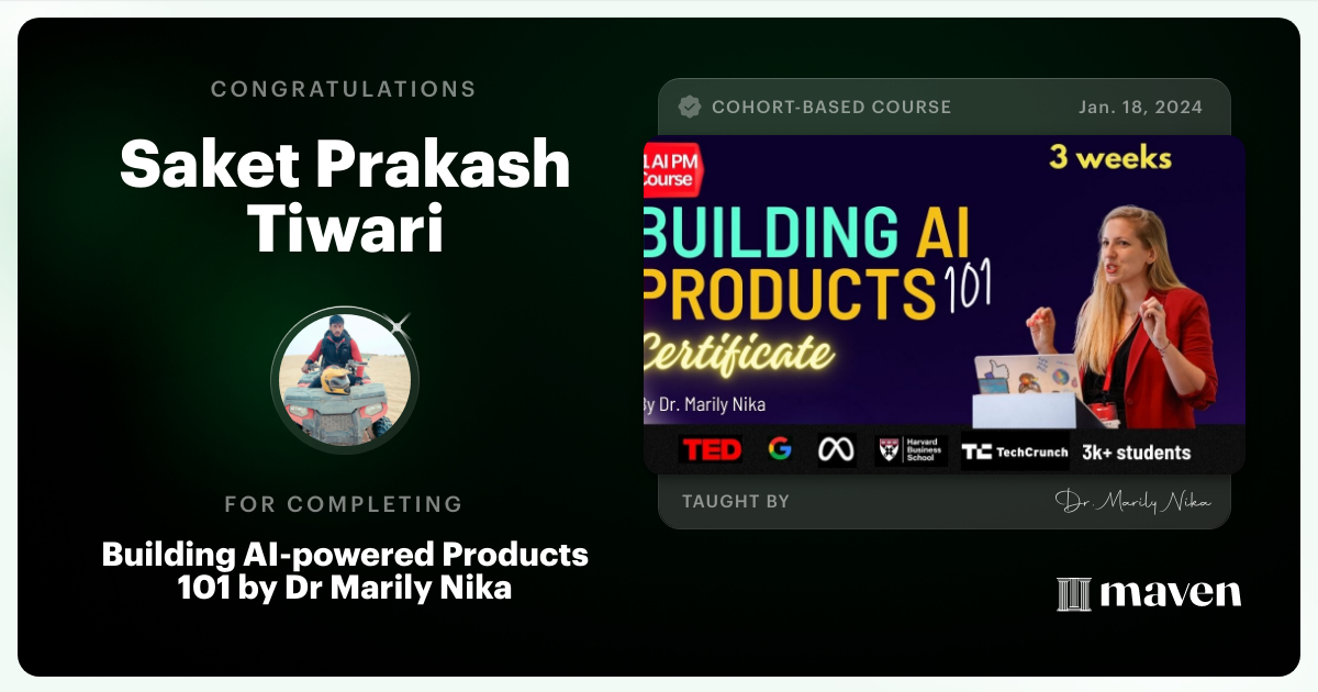 Certificate of Completion for AI Product Management 101 & Certification - Building AI Products end-to-end