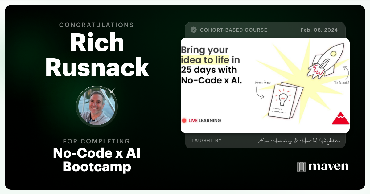 Certificate of Completion for No-Code x AI Bootcamp