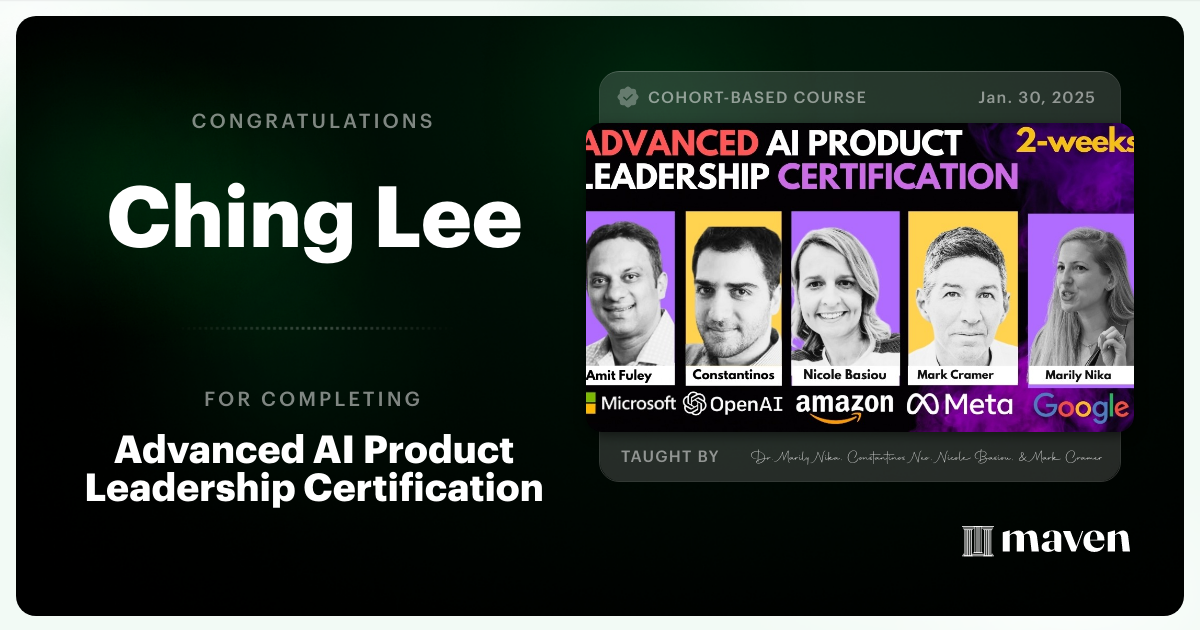 Certificate of Completion for Advanced AI Product Leadership Certification