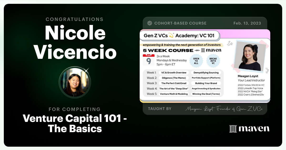 Certificate of Completion for Venture Capital 101 - The Basics