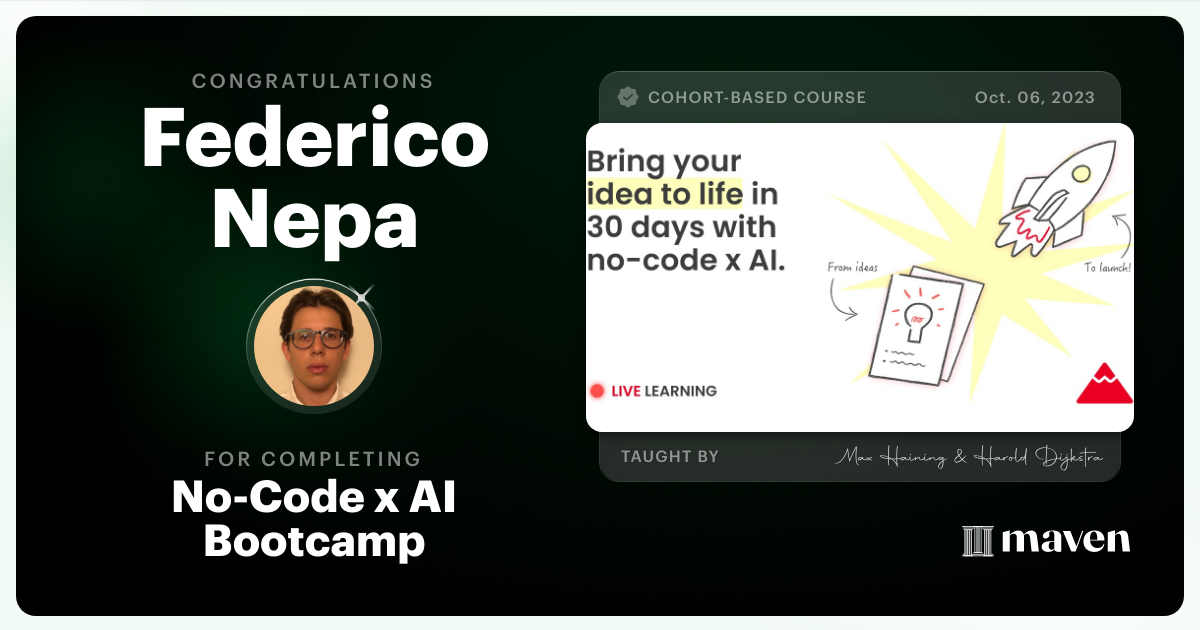 Certificate of Completion for No-Code x AI Bootcamp
