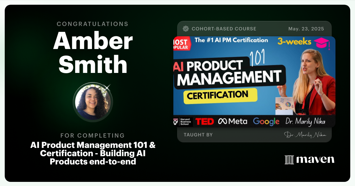 Certificate of Completion for AI Product Management 101 & Certification - Building AI Products end-to-end