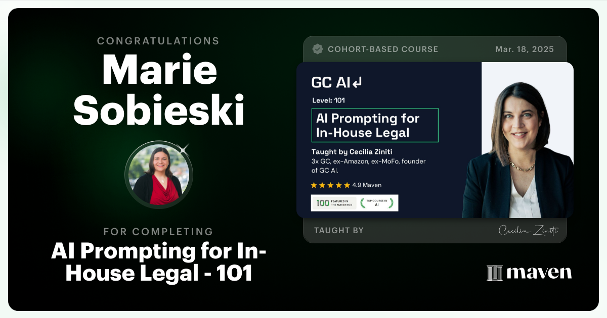Certificate of Completion for AI Prompting for In-House Legal - 101