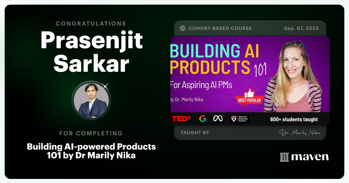 Certificate of Completion for AI Product Management 101 & Certification - Building AI Products end-to-end