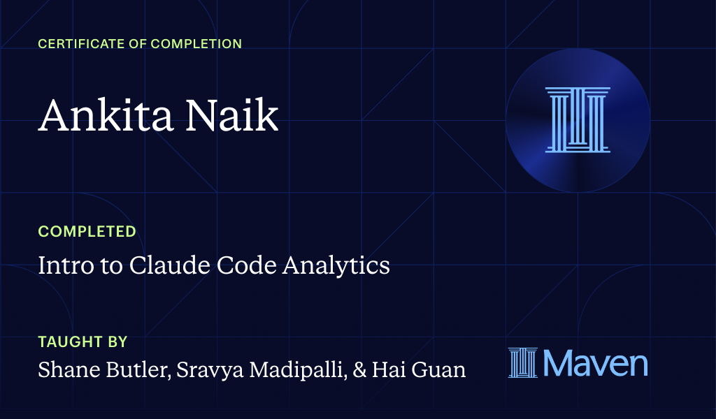 Certificate for Intro to Agentic Analytics in Claude Code