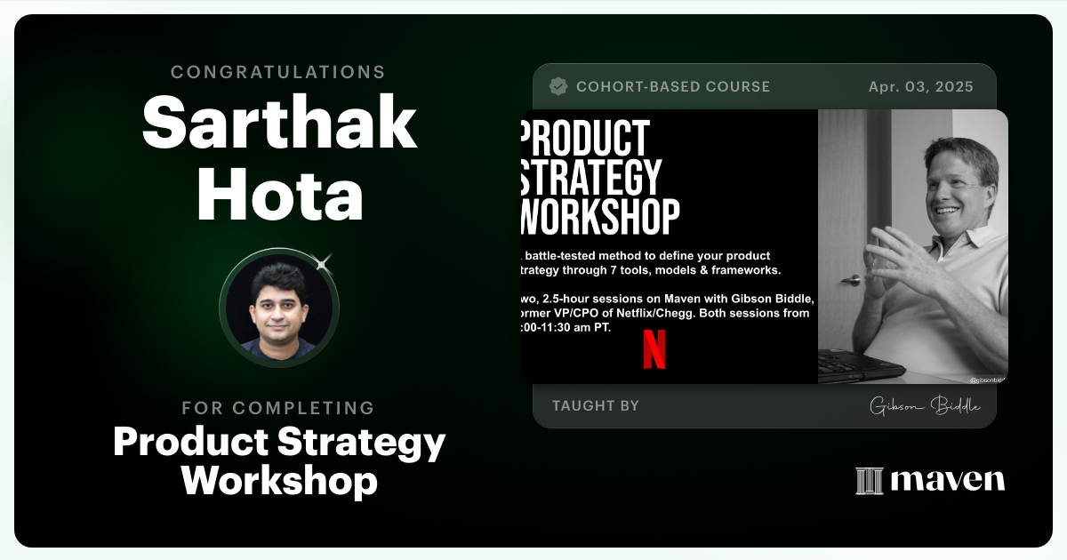 Certificate of Completion for Product Strategy Workshop