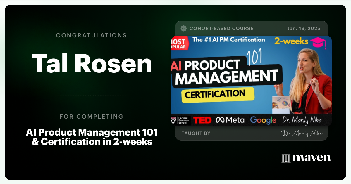Certificate of Completion for AI Product Management 101 & Certification - Building AI Products end-to-end