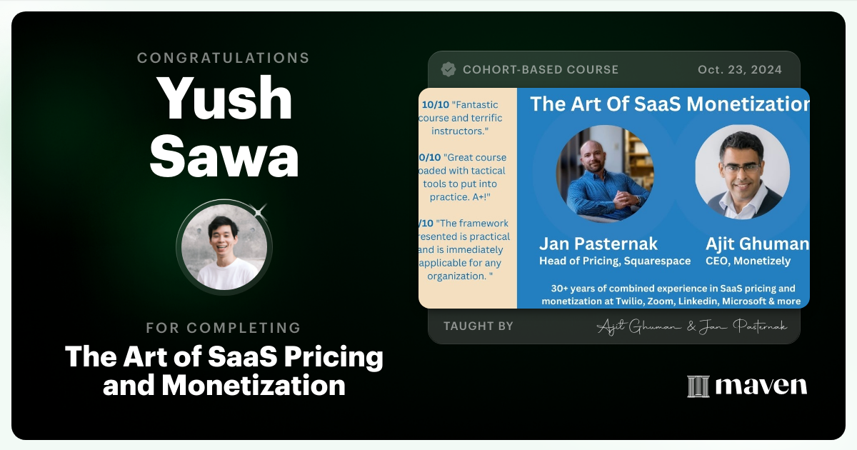 Certificate of Completion for The Art of SaaS, AI and Agentic Pricing