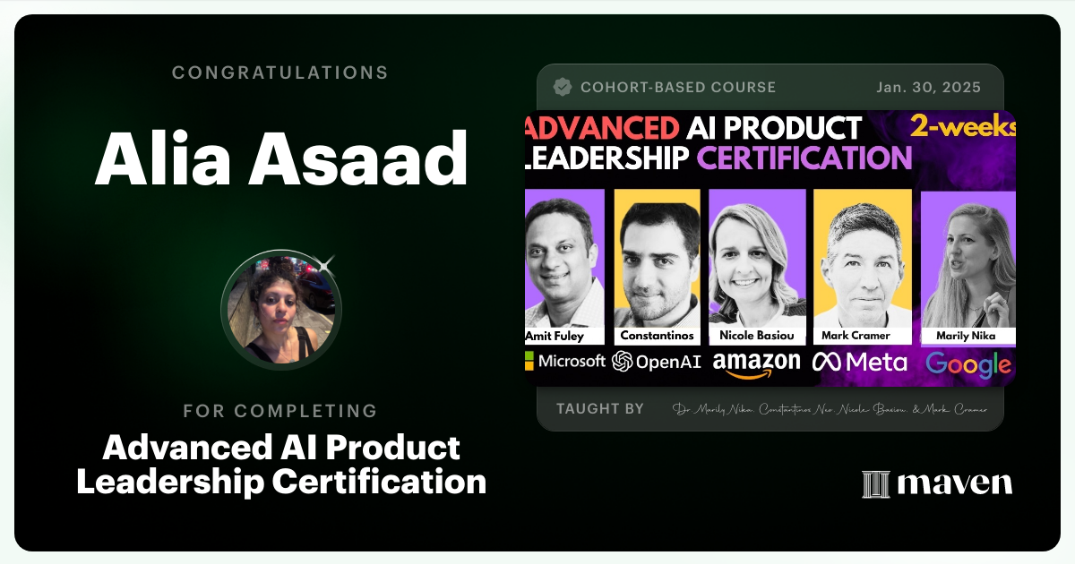 Certificate of Completion for Advanced AI Product Leadership Certification